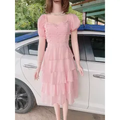Đầm thời trang đính kết mặc đi chơi chất voan tơ cao cấp màu hồng tay búp nhiều tầng Giá 290k Hàng có sẵn giao ngay