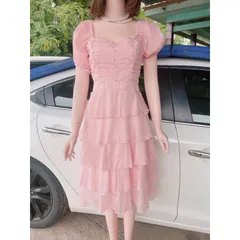 Đầm thời trang đính kết mặc đi chơi chất voan tơ cao cấp màu hồng tay búp nhiều tầng Giá 290k Hàng có sẵn giao ngay