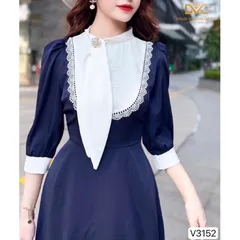 Đầm xoè màu xanh than phối cổ trắng Hàng chính phẩm DVC Đủ size SML Giá 350k, người ta đang bán gần 9xx Hàng có sẵn giao