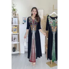 Đầm dạ hội trung niên đi tiệc thun nhũ mịn ép đá bigsize 80kg, Đầm dạ hội trung niên nhũ kim tuyến ép đá size lớn 80kg