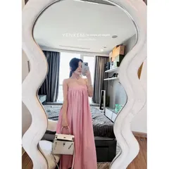 đầm 2 dây maxi đi biển chất thô đẹp Đầm maxi hai dây ôm ngực quyến rũ váy hai dây sang chảnh vải đũi mềm mát