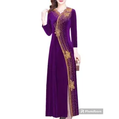 Đầm dạ hội nhung trung niên đi tiệc xẻ tà cổ V tay lỡ hoa mai kết đá ép cườm dọc Đầm dạ hội trung niên đi tiệc xẻ tà