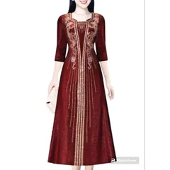 Đầm dạ hội trung niên dáng dài đi tiệc thun nhũ mịn cổ sóng nước hoa hồng ép đá viền cổ ép cườm dọc áo gọn dáng