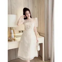Váy tafta kem phối voan xòe bồng dự tiệc váy đầm đính kết hoa nổi sang chảnh Giá 420k Hàng có sẵn giao ngay L Maù trắng