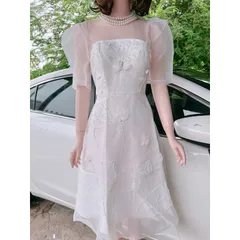 Váy tafta kem phối voan xòe bồng dự tiệc váy đầm đính kết hoa nổi sang chảnh Giá 420k Hàng có sẵn giao ngay L Maù trắng