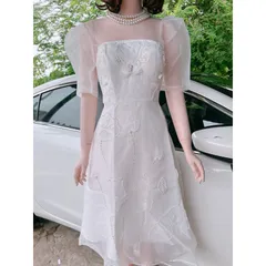 Váy tafta kem phối voan xòe bồng dự tiệc váy đầm đính kết hoa nổi sang chảnh Giá 420k Hàng có sẵn giao ngay L Maù trắng