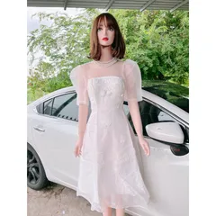 Váy tafta kem phối voan xòe bồng dự tiệc váy đầm đính kết hoa nổi sang chảnh Giá 420k Hàng có sẵn giao ngay L Maù trắng