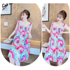 Đầm lụa latin 2 dây hoạ tiết dễ thương freesize 42-65kg Hàng có sẵn giao ngay Chất liệu lụa latin Giá 199k