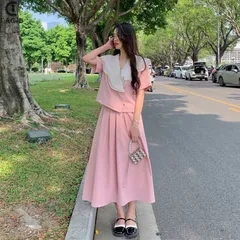 Bộ Nữ Vintage Váy Dài Phong Cách Pháp Cổ Chữ V Nữ Thanh Lịch Bộ Áo Cổ Chữ V Phối Bèo + Chân Váy Dài Phong Cách Pháp