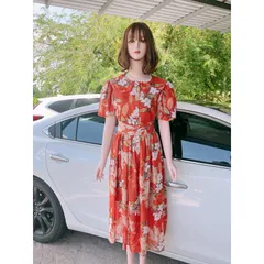 Đầm hoa cổ sen màu cam Giá 299k Hàng có sẵn giao ngay Có dây buộc eo theo dáng người Hàng Quảng Châu