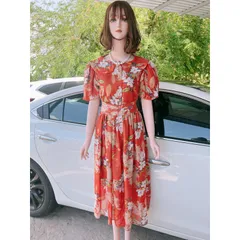 Đầm hoa cổ sen màu cam Giá 299k Hàng có sẵn giao ngay Có dây buộc eo theo dáng người Hàng Quảng Châu