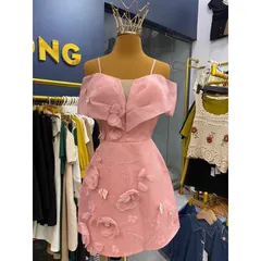 Váy tafta 2 dây đính kết hoa cầu kỳ Váy tafta đi tiệc sang chảnh Giá 390k Màu hồng S Màu kem SML Hàng có sẵn giao ngay
