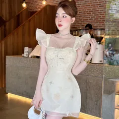 dam nữ dáng ngắn chất tapta thiết kế cổ vuông đính hạt sang chảnh đầm dự tiệc đi chơi sành điệu, có sẵn quần và mút