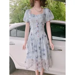 VÁY VOAN XÒE HOA XANH CỔ VUÔNG Hang DVC chính chủ Giá 330k Hàng có sẵn giao ngay L Chất liệu voan tơ 2 lớp nhẹ như mây