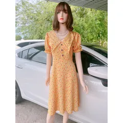 [Hàng có sẵn/Ảnh thật]Đầm hoa nhí  họa tiết form lớn dành cho nữ mùa hè,  cổ chữ V cách điệu Giá 290k Hàng có sẵn giao