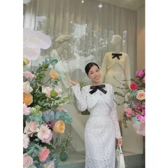 Set đầm body ren 2 dây kèm áo khoác ren lửng dài tay Màu trắng Hàng có sẵn giao ngay L Chất liệu ren cao cấp Hàng chính