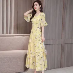Đầm Nữ  hoa hoạ tiết Tay Ngắn Dáng Xoè rộng Phong Cách Hàn Quốc Thời Trang  Màu vàng Giá 290k Hàng có sẵn giao ngay L