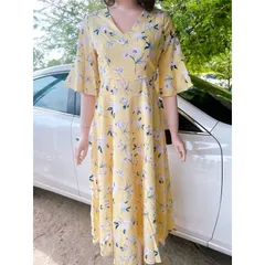 Đầm Nữ  hoa hoạ tiết Tay Ngắn Dáng Xoè rộng Phong Cách Hàn Quốc Thời Trang  Màu vàng Giá 290k Hàng có sẵn giao ngay L