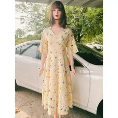 Đầm Nữ  hoa hoạ tiết Tay Ngắn Dáng Xoè rộng Phong Cách Hàn Quốc Thời Trang  Màu vàng Giá 290k Hàng có sẵn giao ngay L