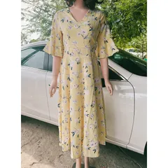 Đầm Nữ  hoa hoạ tiết Tay Ngắn Dáng Xoè rộng Phong Cách Hàn Quốc Thời Trang  Màu vàng Giá 290k Hàng có sẵn giao ngay L