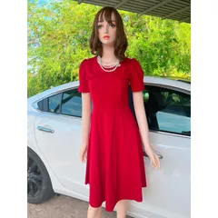 Đầm dự tiệc, công sở váy xoè  cổ cach điệu hoa siêu đẹp Giá 290k Màu đỏ Hàng co giãn dễ chịu Hàng có sẵn giao ngay