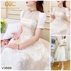 VÁY REN TRẮNG PHỐI CỔ LƯỚI HỌA TIẾT NỔI TIỂU THƯ Giá 399k Đủ size tới XL Hàng có sẵn giao ngay Chất liệu ren cao cấp