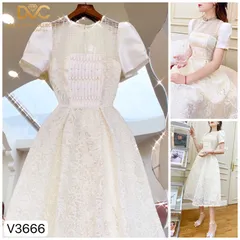 VÁY REN TRẮNG PHỐI CỔ LƯỚI HỌA TIẾT NỔI TIỂU THƯ Giá 399k Đủ size tới XL Hàng có sẵn giao ngay Chất liệu ren cao cấp