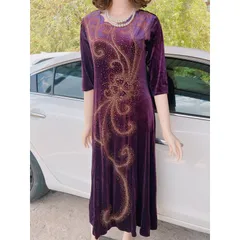 Đầm dạ hội trung niên đi tiệc vải nhung màu tím Ép đá ép cườm sang trọng Giá 380k Hàng có sẵn giao ngay