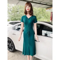 Đầm  Thiết kế  Dây rút Phong cách mới Vải / Polyester (sợi polyeste) Siêu co giãn, mát Giá 290k Mày xanh đậm