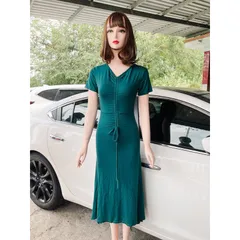 Đầm  Thiết kế  Dây rút Phong cách mới Vải / Polyester (sợi polyeste) Siêu co giãn, mát Giá 290k Mày xanh đậm
