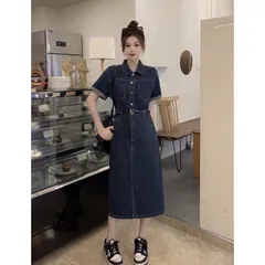 Váy bò, đầm Jean tay ngắn, đầm nữ túi ngực kèm đai thắt eo, kiểu dáng thanh lịch  Giá 280k Hàng có sẵn giao ngay