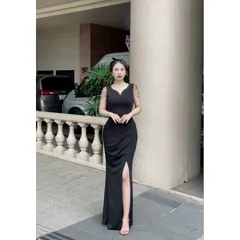 Đầm thiết kế dự tiệc dạ hội cổ tim 2 dây kết phale sang trọng Giá 390k Hàng có sẵn giao ngay Màu đen kèm hình chụp thật