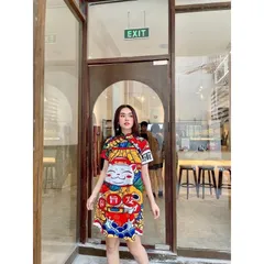 đầm hoạ tiết có kèm thêm ảnh chụp thật tone màu diện vô cùng thoải mái tự tin  diện đi làm đi chơi, tiệc tùng , du lịch,