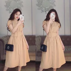 [ẢNH THẬT CUỐI] Đầm Dạo Phố Sống Ảo Dáng Dài Nút Trước Bo Eo Sang Chảnh, Đầm Cổ V Tay Ngắn Trẻ Trung Năng Động Giá 220k