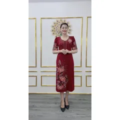 Váy đầm trung niên thời trang nữ đầm trung niên sang trọng đi tiệc - Chất liệu: Thun POLY, co giãn 4 chiều