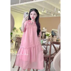 Đầm tơ màu hồng pastel đính kết hoa và thêu siêu đẹp Hàng chính chủ new tag Giá 290k Hàng có sẴn giao ngay M Form suông