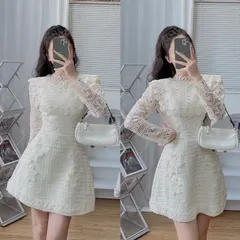 Váy ren phối chân dạ dài tay thiết kế cao cấp Chất liệu: Ren phối dạ cao cấp, lót lụa Màu sắc: Trắng kem