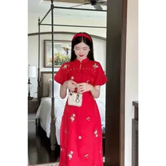 SET ÁO DÀI VOAN TƠ 4 TÀ SIÊU XINH Áo dài thêu hoa nhí tiểu thư cách tân nữ sẵn áo dài 4 tà lụa tơ kim sa đỏ trẻ trung