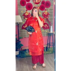 SET ÁO DÀI VOAN TƠ 4 TÀ SIÊU XINH Áo dài thêu hoa nhí tiểu thư cách tân nữ sẵn áo dài 4 tà lụa tơ kim sa đỏ trẻ trung