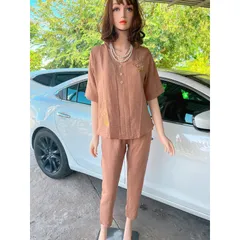 Set áo đính ngọc và quần Chất liệu đũi vân mây cao cấp Hàng có sẵn giao ngay Lưng quần bo chun dễ mặc , áo dây kéo