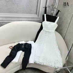 Đầm ren ngọc nơ eo tùng dập ly kèm khoác tay CÓ màu đen L và trắng  Giá 380k set gồm áo khoác + đầm 2s Hàng có sẵn
