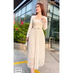 Đầm ren ngọc nơ eo tùng dập ly kèm khoác tay CÓ màu đen L và trắng  Giá 380k set gồm áo khoác + đầm 2s Hàng có sẵn