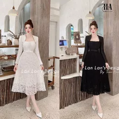 Đầm ren ngọc nơ eo tùng dập ly kèm khoác tay CÓ màu đen L và trắng  Giá 380k set gồm áo khoác + đầm 2s Hàng có sẵn