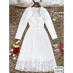 Đầm ren ngọc nơ eo tùng dập ly kèm khoác tay CÓ màu đen L và trắng  Giá 380k set gồm áo khoác + đầm 2s Hàng có sẵn