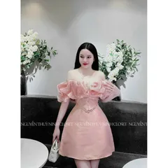 Đầm thời trang nữ mặc đi chơi chất tapta đính cườm vai bèo Giá 320k Hàng có sẵn giao ngay Eo dưới 70cm
