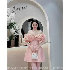Đầm thời trang nữ mặc đi chơi chất tapta đính cườm vai bèo Giá 320k Hàng có sẵn giao ngay Eo dưới 70cm