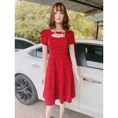 ĐẦM đỏ đô đính ngọc như mưa, CHẤT VẢI XỐP GẤM CAO CẤP  Vừa dây kéo vừa Bo chun phía sau lưng thoải mái dễ chịu Giá 290k