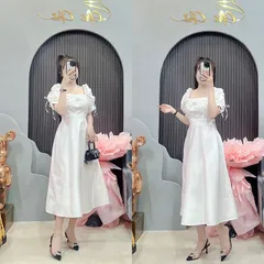 Đầm xoè cổ U đính ngọc  trước ngực tay phồng nhúng cột nơ tiểu thư Giá 290k Màu trắng  Chất liệu lụa 2 lớp xịn