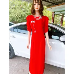 Áo dài đính kết ngọc siêu đẹp Giá 299k/ áo dài ( quần 90k/ quần) Chất liệu lụa Mỹ co giãn nhẹ siêu đẹp Maù đỏ