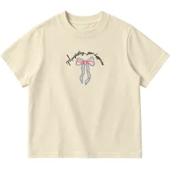 Áo thun form baby tee nữ thêu hình nơ và chữ 100% cotton brand Little Mouse